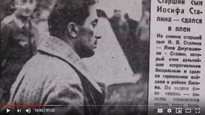 YT Youtube screenshot. Prisonniers de guerre soviétiques. Le difficile retour. Le fils aîné de Staline s|est rendu prisonnier. 2016-05-13